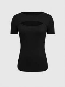 EMERY ROSE Women's Black Cotton Short Sleeve Crew Neck Fitted T-Shirt - Black - View 3