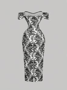 SHEIN MOD 女士蓝白印花露肩修身连衣裙 - 黑與白 - 查看 2