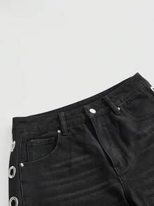 ROMWE Quần jeans ống đứng màu đen, kiểu dáng đường phố, đa năng, thoải mái, có khoen xỏ dây bên hông, đã qua xử lý giặt. - màu đen - Xem 3