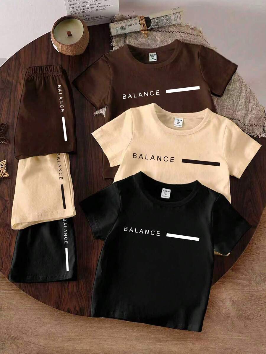 SHEIN Set de 6 piezas de camiseta de manga corta y pantalones cortos con estampado gráfico de letras minimalista y refrescante para niños pequeños, atuendos casuales y de moda para primavera y verano, uso diario cómodo - Multicolor - Ver 1