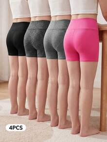 SHEIN 4 条青少年女孩休闲纯色高腰运动瑜伽短裤，春夏 - 玫紅色 - 查看 1