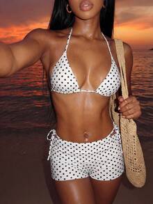 Vaytide 夏季新款海滩度假派对下午茶波点印花微三角侧系带褶皱三件套女士泳衣套装 - 彩色 - 查看 2