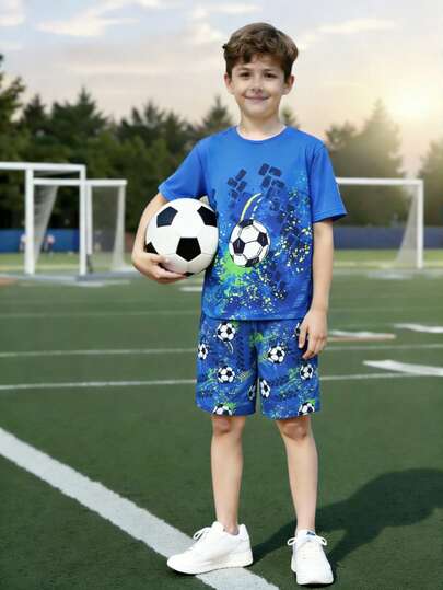 Casual Sports Football Print Short Sleeve T-Shirt And Shorts Set, Suitable For Daily Leisure, Sports, And Campus Wear For Tween Boys
