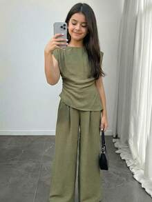 SHEIN Tween Girls Olive Green Tank Top And Pants Set - Olive Green - View 8