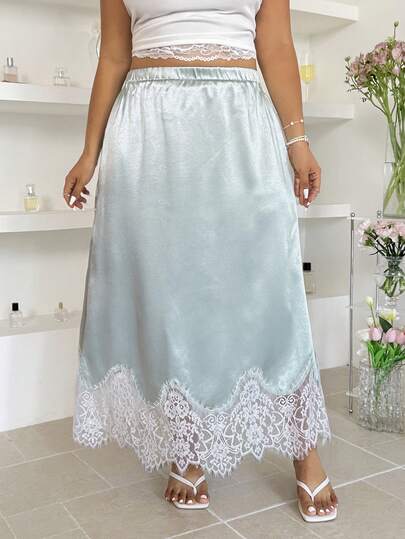 GalTyme 大码优雅撞色蕾丝拼接半身裙，夏季