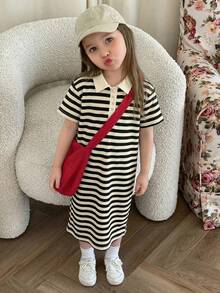 Dazy Kids Tween Girls Striped Collared Short Sleeve Knit Dress, Plus Size Children Clothing For Summer,Back To School Clothes - Black and White - View 4