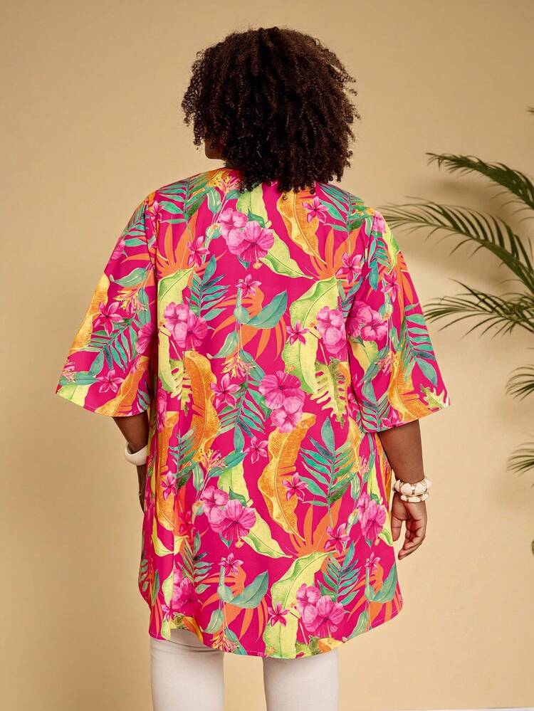 Plus Size Women Tropical Plant Pattern Loose Open Front Jacket, Summer Holiday Outfits