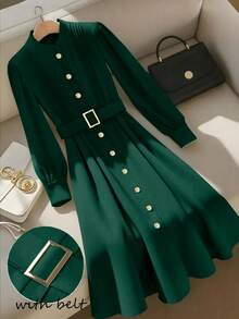 GlowEve CURVE Plus Size Women's Dark Green Elegant Autumn Midi Dress,Round Neck Front Pleated Detailing A-Line Long Sleeve French Style Dinner Outfits With Belt - Dark Green - View 5