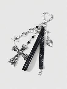 ROMWE 2 perles acryliques rondes personnalisées style Y2K, punk rétro gothique, avec motifs d'ailes de démon, d'étoiles, de crânes et de croix noires. Sangles avec rivets pour porte-clés, sacs à main, etc. Convient pour les femmes, les filles, les sœurs et les petites amies, pour un usage quotidien ou en cadeau. - Noir-25 - Voir 13