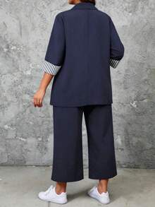 EMERY ROSE 2pcs Plus Size Striped Cuff Long Sleeve Top And Pants Set Fall - Navy Blue - View 2