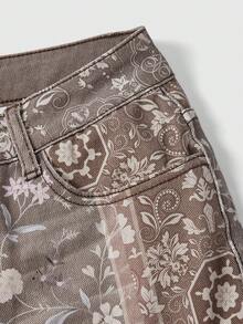 ROMWE Grunge Punk Jeans acampanados de talle súper bajo con estampado floral de contraste en estilo retro hippie - Gris Claro - Ver 4