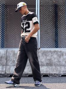 EVRINFINITE Manfinity Streetrush Men's Minimalist Denim Wide Leg Loose Casual Pants, Long Baggy Plain Black Washed Cargo Jeans, For Husband, Boyfriend Gifts Going Out Hang Out College Vacation Street - Black - View 3