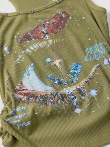 ROMWE Avant Camiseta de tirantes con estampado de cielo estrellado y remaches, estilo retro y urbano unisex - Verde militar - Ver 3