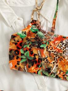 Swim Vcay 女士豹纹花卉印花金属链条单肩高衩裤装时尚优雅性感比基尼套装，适合海滩、音乐节、春夏等场合 - 彩色 - 查看 5