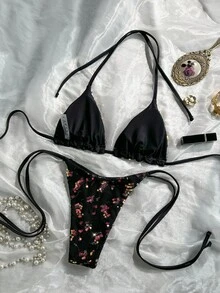 Costavie 两件套彩色亮片特殊面料三角罩杯文胸和侧系带泳裤性感比基尼套装，春夏女士泳装；两件套黑色花朵比基尼套装，比基尼泳装，黑色花朵比基尼，Zestiva泳装比基尼套装，女士两件套亮片比基尼，可调节系带比基尼，黑色亮片比基尼 - 黑色 - 查看 3