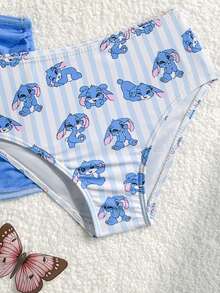 女童三件套比基尼泳衣，蓝色条纹针织面料，可调节肩带，印花裙摆带抽绳和蝴蝶结，时尚休闲优雅泳装，适合游泳、度假和夏季穿着。 - 藍色 - 查看 5