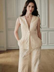 Anewsta Women's Elegant Beaded Embroidery Textured V-Neck Sleeveless Set, Summer Brunch Cream White - Beige - View 2
