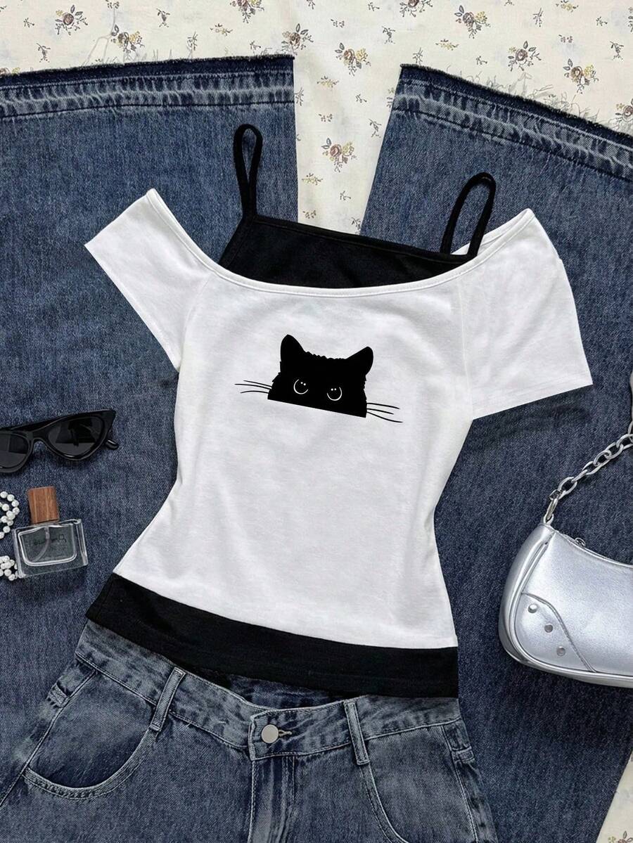 Attitoon 女士休闲复古黑色猫咪偷窥印花撞色短袖T恤，适合夏季穿着 - 白色 - 查看 1