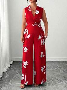 Elenzga Plus Size Women Floral Print Lapel NeckWide Leg Sleeveless Elegant Jumpsuit - Multicolor - View 8