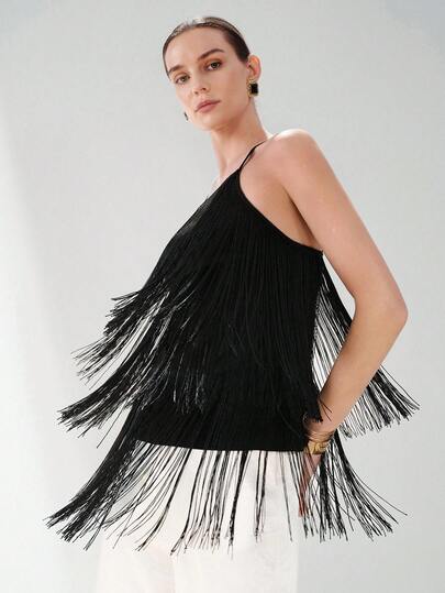Aveloria Modichic Women Fringe Fabric Straight Fit Layered Long Tassels Halter Skinny Straps Flat Neckline Irregular Hem Modern Retro Elegant Party Blouse Elegant Party Dresses For Women Black Fringe Blouse For Women Festival Outfits For Women