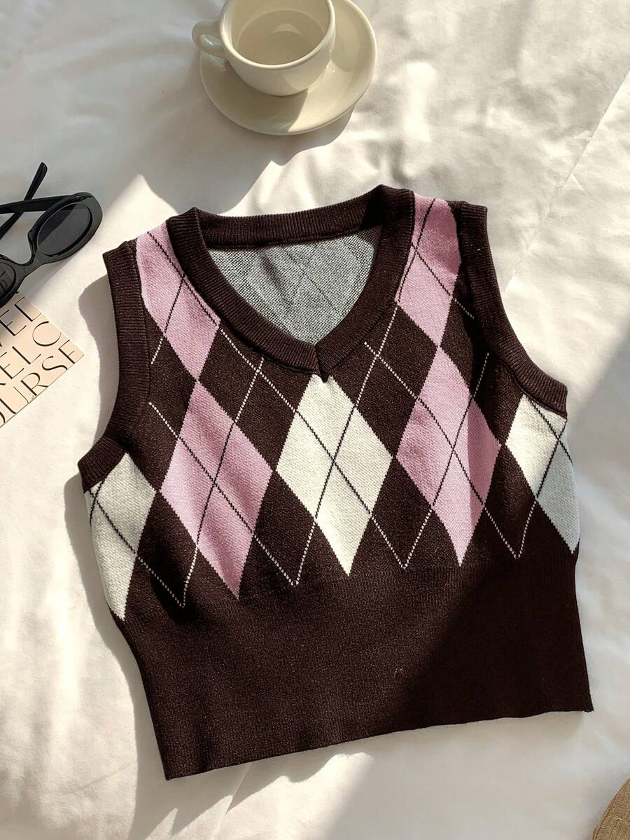 Comfortcana Áo len chui đầu cổ chữ V họa tiết Argyle dáng rộng, kiểu dáng thường ngày. - Nhiều màu - Xem 1