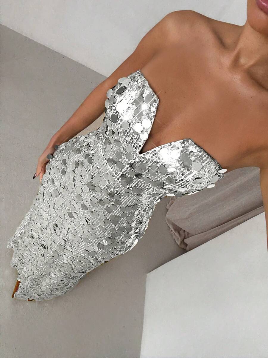 SHEIN Glamour Sequin Decorated Party Dress, Fashionable And Elegant - Silver - View 1