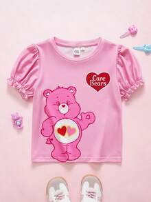 SHEIN X Care Bears Áo thun tay cánh hoa in hình gấu hoạt hình, kiểu dáng thường ngày cho bé gái, thích hợp mặc mùa hè. - Hồng - Xem 1