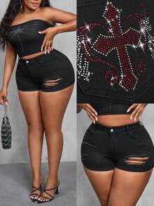 Slaydiva Quần short denim dáng rộng cài nút, thoải mái, đa năng cho nữ, phù hợp mặc hàng ngày. - màu đen - Xem 4