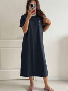 DAZY Printed Short Sleeve Comfortable Women House Dress Pajama - Navy Blue - View 3