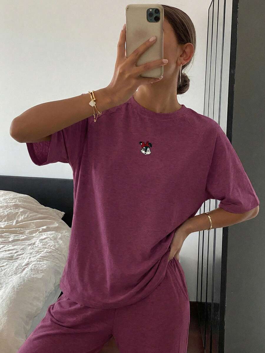 DAZY Cute Cartoon Print Raglan Sleeve Loose Pajama Set - Red Violet - View 1