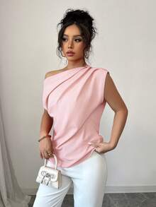 Elenzga Women's Summer Solid Color Elegant Asymmetrical Shoulder Ruffle Batwing Sleeve Blouse - Baby Pink - View 5