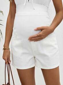 SHEIN Maternity Casual Patchwork Denim Shorts - White - View 1