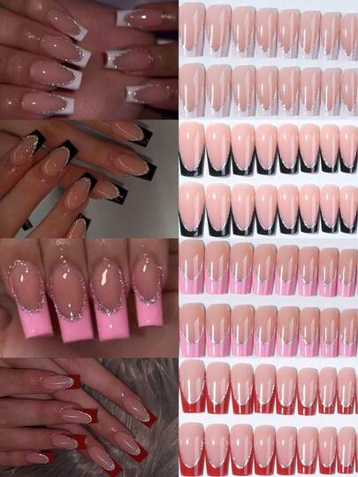 96 Peças Unhas Postiças Formato Caixão Longo Amor, Unhas Falsas Francesas Brancas com Glitter, Conjunto de 4 Estilos de Unhas Acrílicas Falsas com Cola de Gel e Lixa, Unhas Adesivas Reutilizáveis para Mulheres Decoração de Festa do Dia dos Namorados