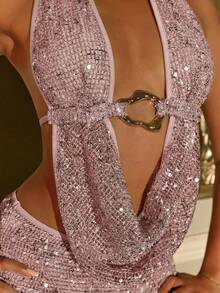 SHEIN ICON Women's Sequins Beaded Halter Backless Crop Top And Mini Skirt 2 Pieces Set - Pink - View 4