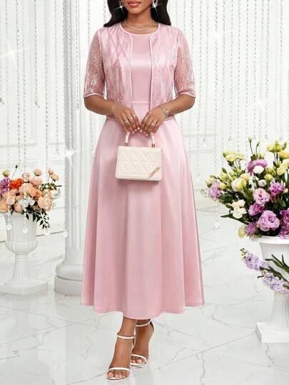 SHEIN Lady Bộ đồ dự tiệc thanh lịch dành cho nữ, gồm áo và váy lưới đính sequin, gồm 2 món.
