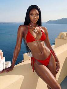 Swim Mod 2025 Minimalist Solid Color Bikini Set For Beach Vacation Red Bikini Set Summer - Red - View 3