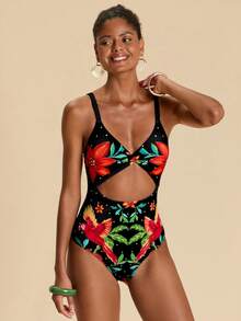 Travachic 女士度假沙滩花鸟印花扭结镂空连体泳衣 - 彩色 - 查看 3