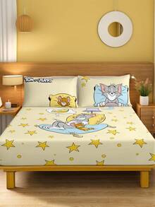 TOM & JERRY X SHEIN Bộ 3 món nệm in kỹ thuật số, mềm mại và ấm áp, thoải mái và thoáng khí, nhiều kích cỡ, phù hợp với giường đơn/giường đôi/giường cỡ Queen/giường cỡ King, có thể giặt máy (1 nệm + 2 vỏ gối) - Màu vàng - Xem 4