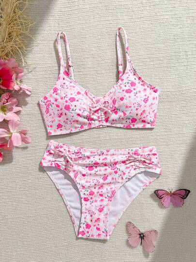 SHEIN Bộ bikini họa tiết hoa nhí cho bé gái tuổi teen, màu xanh dương - Áo buộc dây ở giữa, quần buộc dây bên hông, bộ đồ bơi 2 mảnh, thời trang, giản dị, thanh lịch, thích hợp cho bơi lội, kỳ nghỉ, mùa hè.