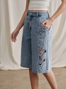 Anewsta 女士春夏时尚奢华性感镂空花卉刺绣浪漫派对度假蓝色休闲直筒牛仔裤 - 藍色 - 查看 4