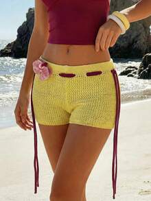 ROMWE Knitted Ultra Low-Waist Retro Vacation Drawstring Crochet 3D Floral Shorts - Yellow - View 4