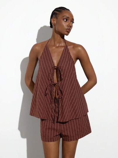 Maija Women's Striped Tie-Front Backless Halter Top And Shorts 2 Pieces Set, Summer Clothes , Summer Outfits, Spring Outfit , Spring Clothes Women, Beach , Beach Outfit For Women , Elegant Women's Set, Casual Sets For Women, Vacation, Holiday, Vacation Outfits For Women, Country Concert Outfit