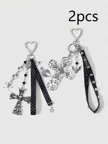 ROMWE 2 perles acryliques rondes personnalisées style Y2K, punk rétro gothique, avec motifs d'ailes de démon, d'étoiles, de crânes et de croix noires. Sangles avec rivets pour porte-clés, sacs à main, etc. Convient pour les femmes, les filles, les sœurs et les petites amies, pour un usage quotidien ou en cadeau. - Noir-25 - Voir 4