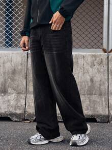 EVRINFINITE 男士休闲多口袋简约设计宽松牛仔裤 - 黑色 - 查看 1