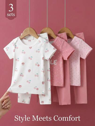 SHEIN Playful Pals 女童夏季三件套，女婴波点短袖轻薄百搭套装