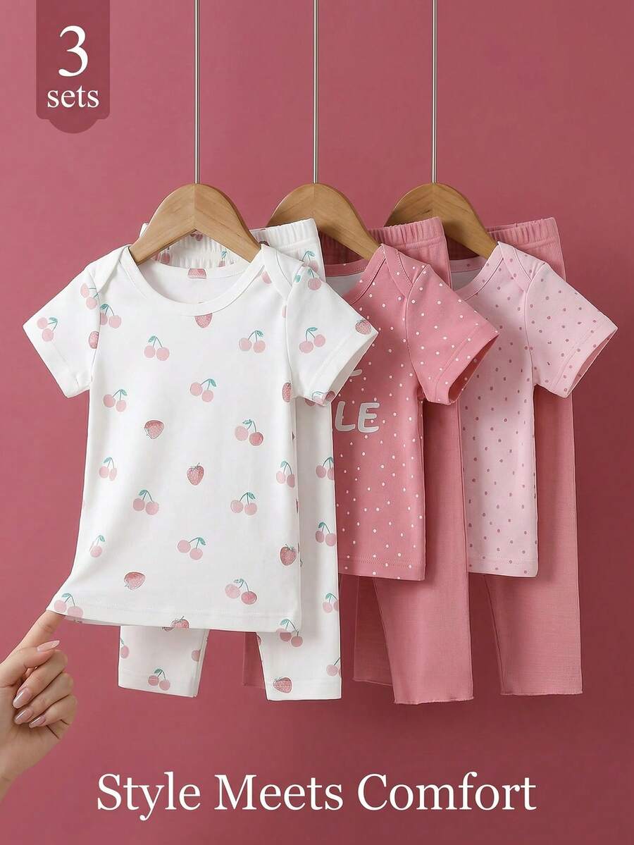 SHEIN Playful Pals 女童夏季三件套，女婴波点短袖轻薄百搭套装 - 彩色 - 查看 1