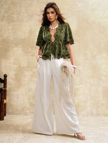 Arave 女士复古棉质V领刺绣镂空荷叶边下摆衬衫，适合日常通勤 - 綠色 - 查看 3