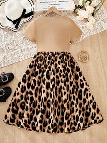 Tween Girls' Spring/Summer Short Sleeve Knit Patchwork Leopard Print Dress, Comfortable Casual Everyday Versatile - Coffee - View 2