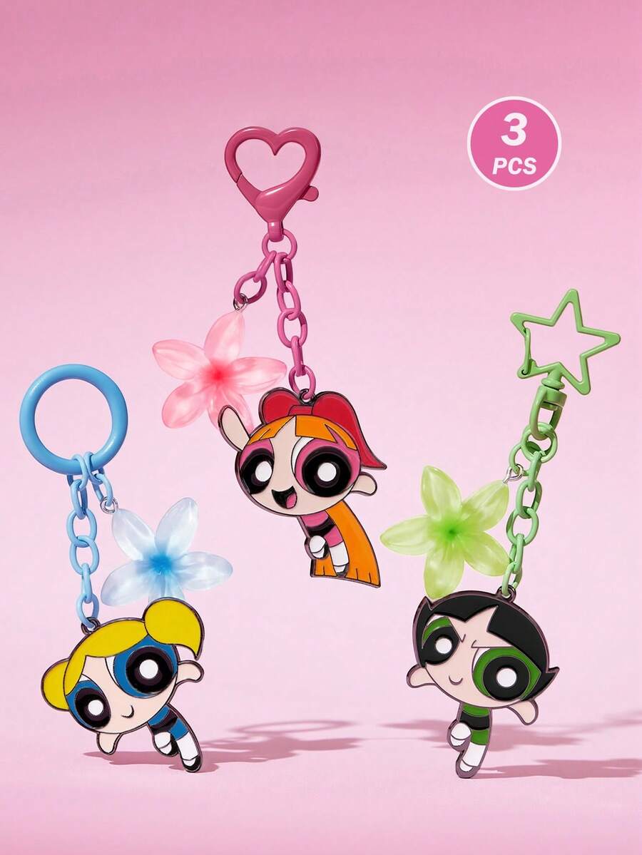 THE POWERPUFF GIRLS X SHEIN 3件套时尚可爱锌合金钥匙扣包挂件,花朵、泡泡和毛茛花图案,甜美可爱的花卉装饰 - 混色 - 查看 1