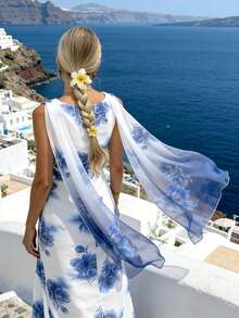 Pariaura Vestido largo elegante con cuello drapeado y estampado floral, adecuado para el verano - Azul - Ver 1